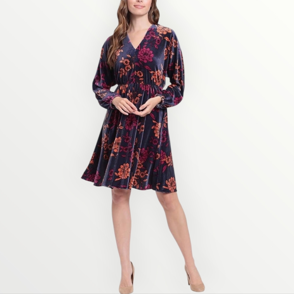 Maggy London Woman 2X Plus Size Velvet Floral Midi Dress Long Sleeve Dark Purple